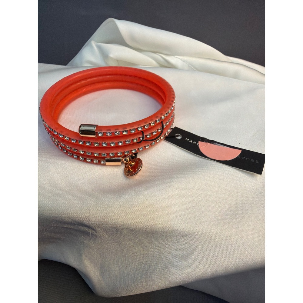 Marc by Marc Jacobs Coral Orange Crystal Wrap Coil Bracelet with Logo Charm NWT